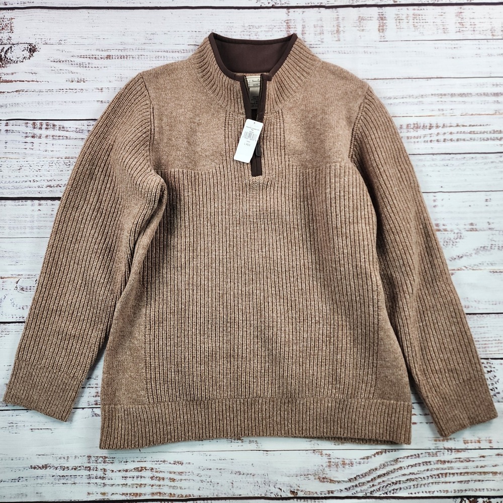 NWT LL Bean Waterfowl Sweater Women's L Sable Brown Merino Wool Quarter Zip